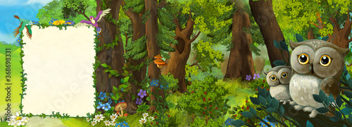 cartoon scene with family of owls in the forest - illustration