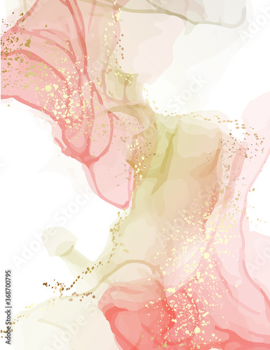 Watercolor resin art pinting, fine art alcohol ink Pink green gold splatter. Modern Trendy graphic design, soft shape drawing digital paper. Liquid  Ink modern fine art techniques in vector