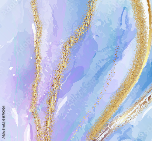 Blue violet color watercolor  subtle sky resin art with gold sparkles. Vector pastel marble design wallpaper. Paint brush subtle  ocean design
