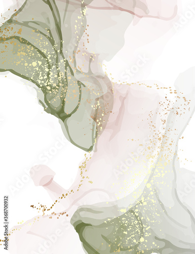 Neutral green watercolor rose gold glitter splatter desgn. Alcohol ink screensaver emerald  rose tender modern design. Watercolour tender gradient ink splash digital paper, background, custom print