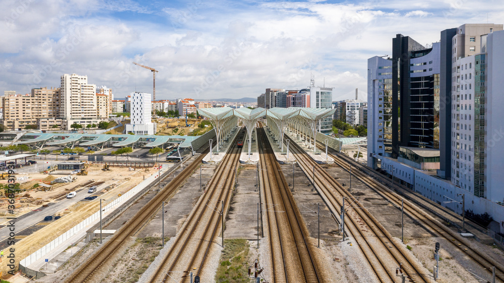 Aerial view train rails near in expo, Lisboa, Portugal Aerial view train rails near in expo, Lisboa, Portugal