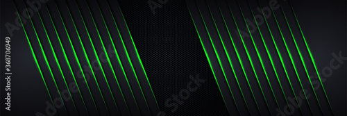 Modern abstract futuristic hexagon carbon fiber and glowing light green luminous lines in black dark room technology background