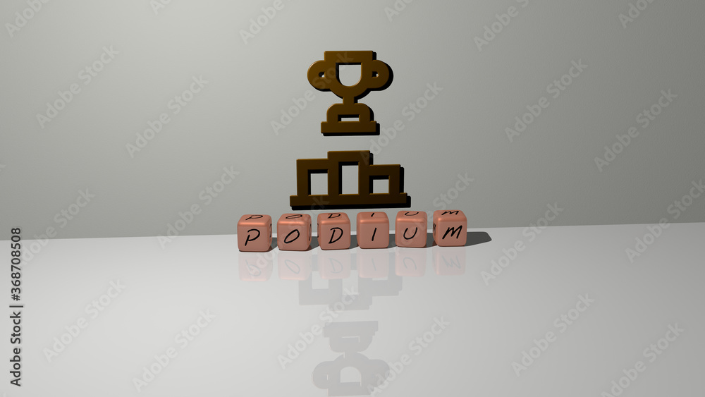3D representation of PODIUM with icon on the wall and text arranged by
