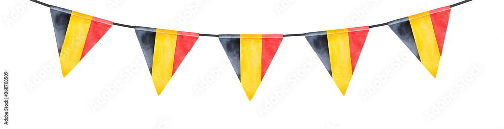 Watercolor string garland with triangular flag of Belgium. Black