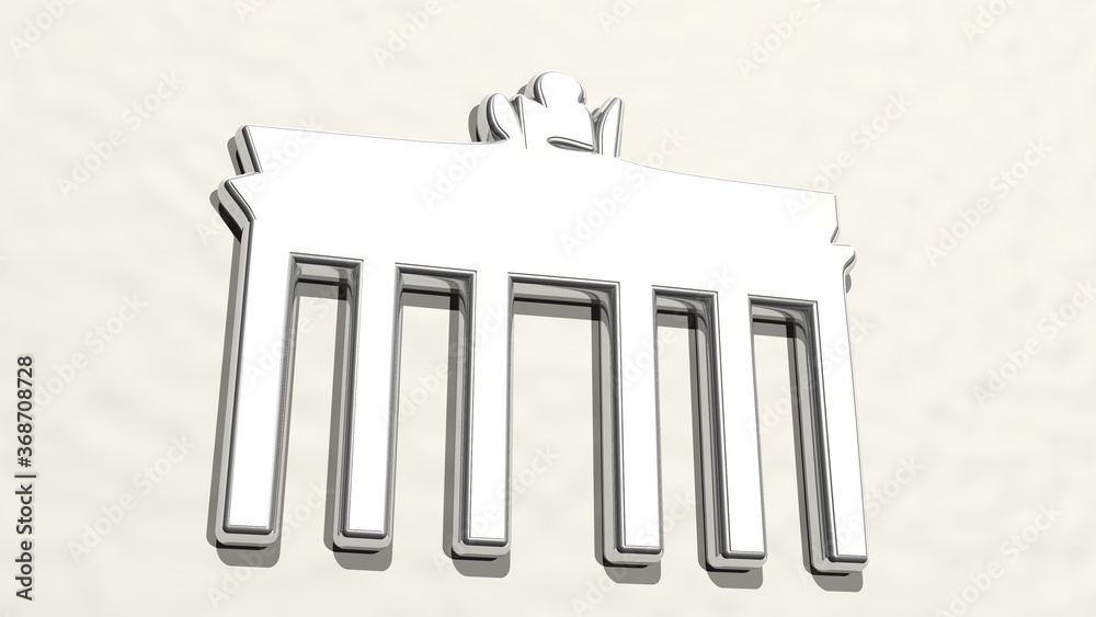 ANCIENT GATE made by 3D illustration of a shiny metallic sculpture on a wall with light background. architecture and building ANCIENT GATE made by 3D illustration of a shiny metallic sculpture on a wall with light background. architecture and building