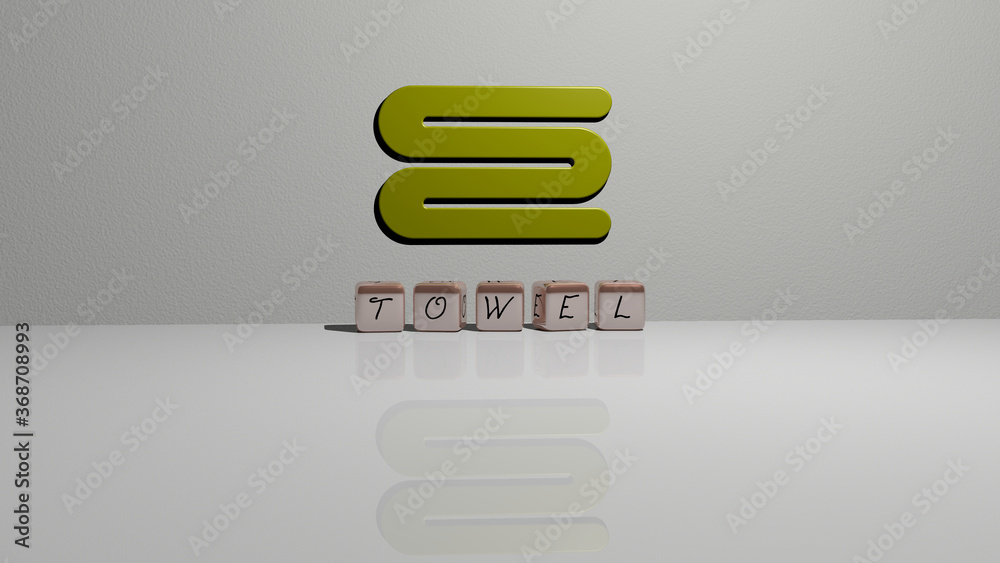 3D representation of TOWEL with icon on the wall and text arranged by metallic cubic letters on a mirror floor for concept meaning and slideshow presentation. background and white 3D representation of TOWEL with icon on the wall and text arranged by metallic cubic letters on a mirror floor for concept meaning and slideshow presentation. background and white