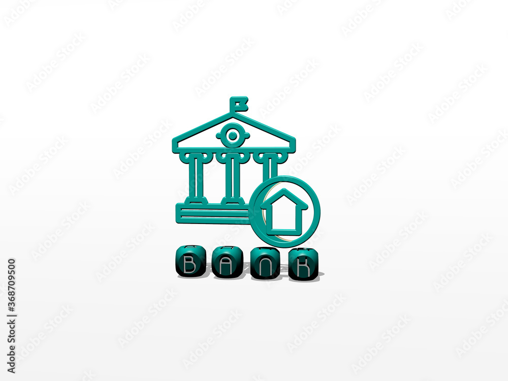 3D representation of BANK with icon on the wall and text arranged by metallic cubic letters on a mirror floor for concept meaning and slideshow presentation. business and illustration 3D representation of BANK with icon on the wall and text arranged by metallic cubic letters on a mirror floor for concept meaning and slideshow presentation. business and illustration