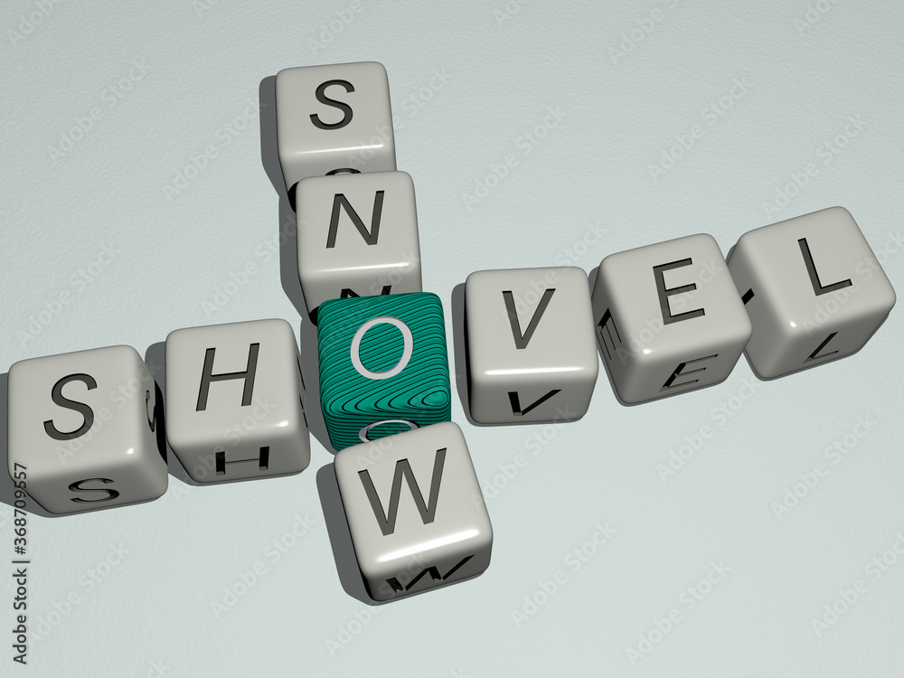 crosswords of Winter: shovel snow arranged by cubic letters on a mirror floor, concept meaning and presentation. illustration and background crosswords of Winter: shovel snow arranged by cubic letters on a mirror floor, concept meaning and presentation. illustration and background