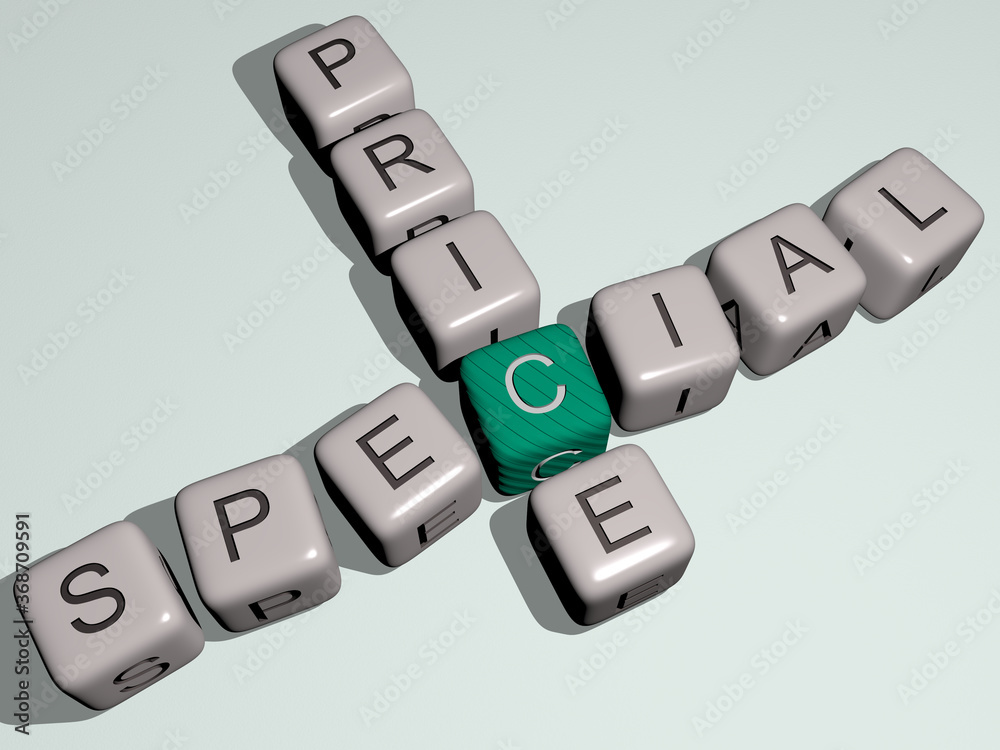 crosswords of special price arranged by cubic letters on a mirror floor, concept meaning and presentation. illustration and background crosswords of special price arranged by cubic letters on a mirror floor, concept meaning and presentation. illustration and background