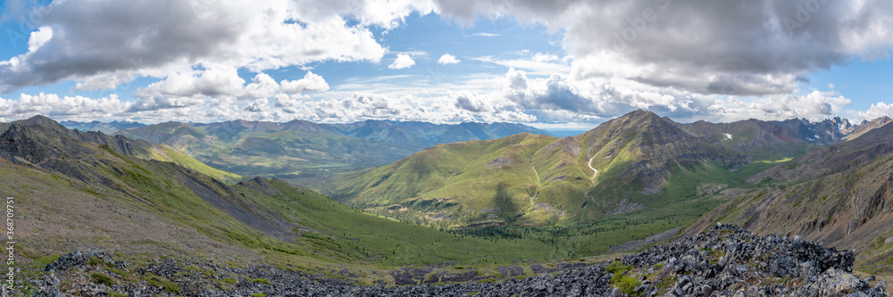 Panorama view of spectacular Tombstone Territorial Park located in Northern Canada, Yukon Territory during the summertime. 