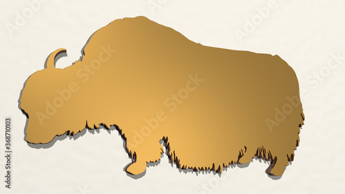 BIG BULL on the wall. 3D illustration of metallic sculpture over a white background with mild texture. beautiful and blue
