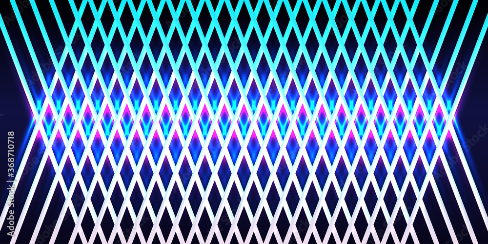 Modern abstract futuristic glowing pink and blue neon light in black dark room