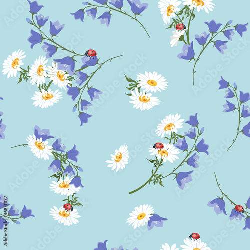 Seamless vector illustration with chamomile, campanula and ladybug