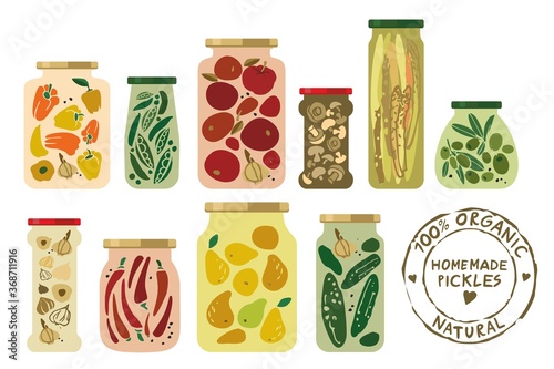 A set of glass jars with canned, pickled vegetables, fruits, spices, mushrooms. Collection of home canned harvest preparations. Containers with organic food and stamp. Cartoon flat vector illustration