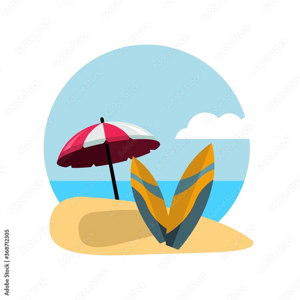 Surf Board on a Beach Sand with Ocean View and Umbrella