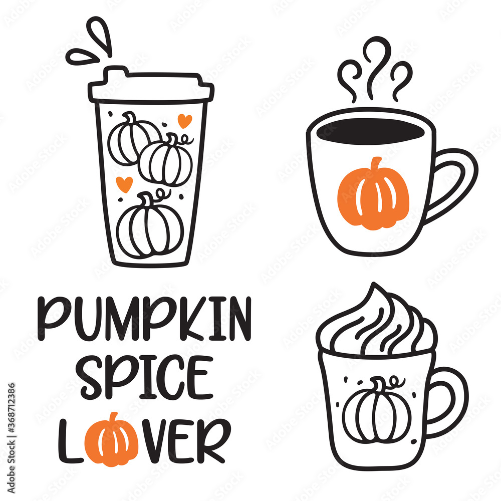 Vector illustration of pumpkin spice latte coffee cup doodles. Fall season hot coffee drinks. Vector illustration of pumpkin spice latte coffee cup doodles. Fall season hot coffee drinks.