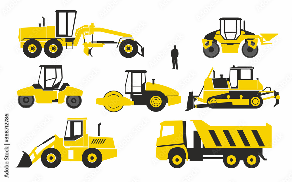 Naklejka premium Special vehicles for road construction. Stylish simplified icons. Vector graphics