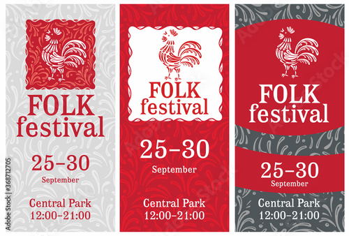 Layouts Folk Festival. Design options in a decorative traditional style. Gray-red colors. Vector graphics
