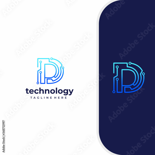 Letter D Technology, Line Dot Connection Logo