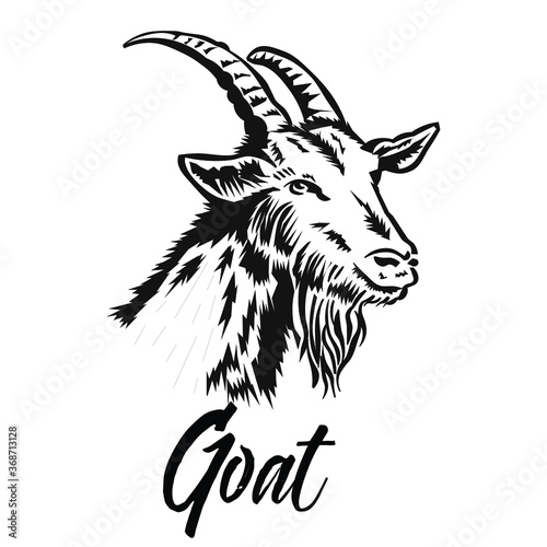 Black and white graphic illustration of a stylized head of a goat with horns
