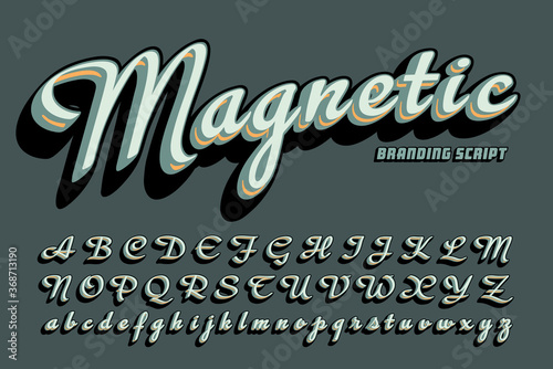 A Bold Layered Cursive Script Typeface with Muted Gray-Green Tones and Orange Shadow Accents.