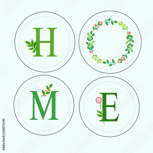 Home quote with decorative leaf, alphabetical letter decoration, Cute housewarming typography poster.