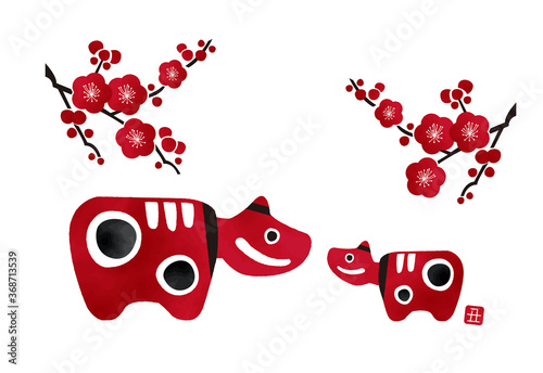 Japanese Folk craft ”Akabeko”　赤べこ親子の水彩イラスト	