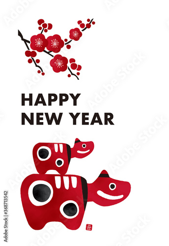 Japanese Folk craft ”Akabeko”　New Year card　2021年丑年年賀状縦「水彩赤べこ」	