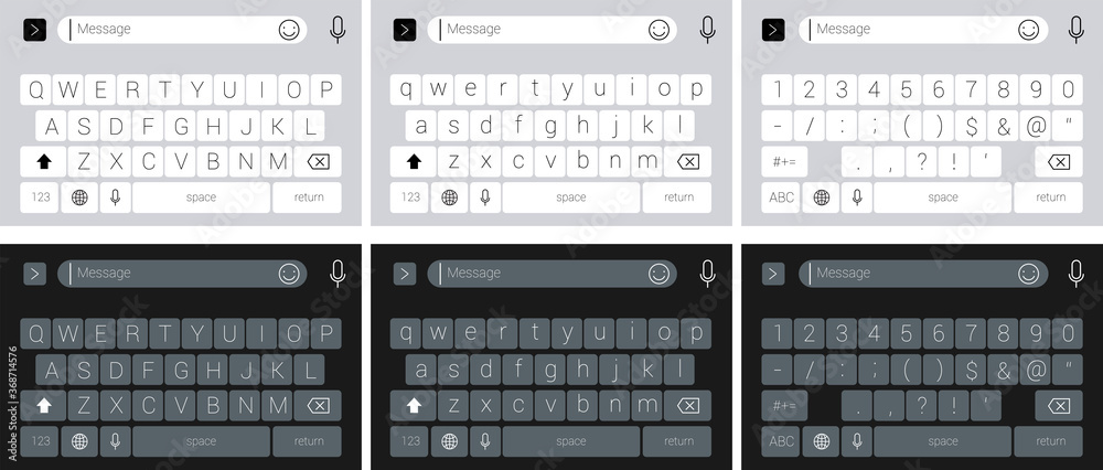 smartphone keyboard input alphabet or symbol mobile phone. vector modern keyboard of smartphone, alphabet buttons, dark and light UI mode. - obrazy, fototapety, plakaty 