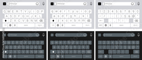 smartphone keyboard input alphabet or symbol mobile phone. vector modern keyboard of smartphone, alphabet buttons, dark and light UI mode. photo