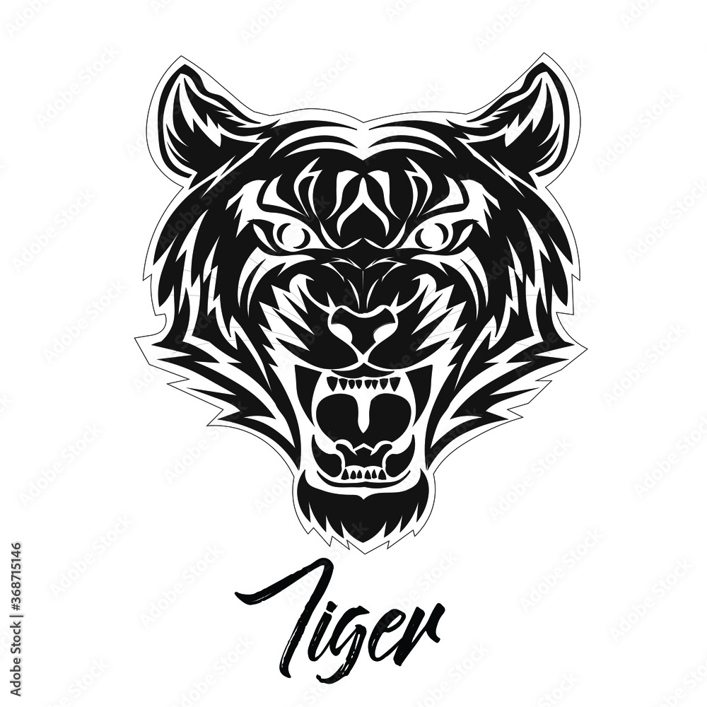 Black and white graphic illustration of a stylized head of an angry tiger Black and white graphic illustration of a stylized head of an angry tiger