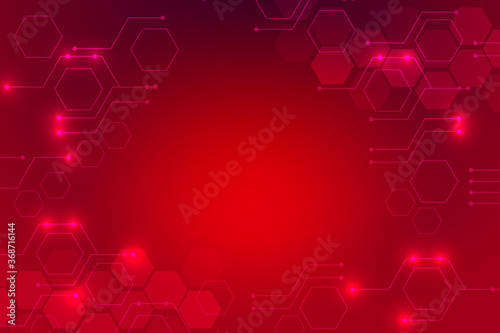 Hexagonal red technology background with various technological elements. The concept of innovative high-tech communications. Digital technology and engineering.