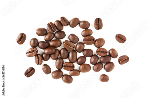 Close up,Coffee beans isolated on the white background,Top view.