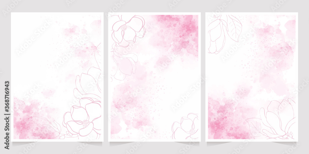 pink watercolor background with doodle line art magnolia flower for wedding invitation card 5x7 template collection