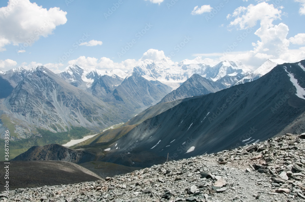 Landscape view of Altai mountains and lake Akkem from the top of Karatyurek mountain range in summer, the Altai republic, Russian Federation