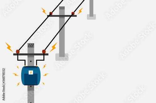 Transformers on cement electricity poles with electrical wire flat vector.