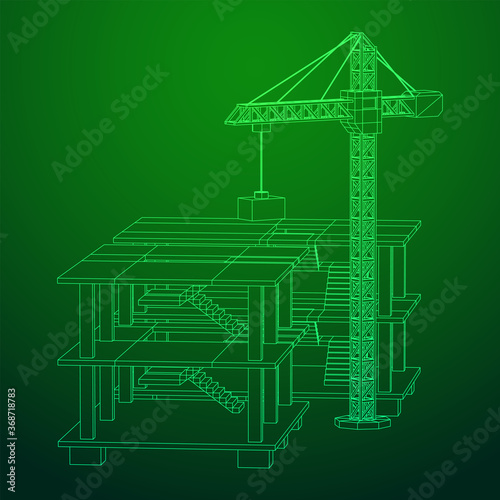 Building under construction with crane. Build house construct in process. Wireframe low poly mesh vector illustration