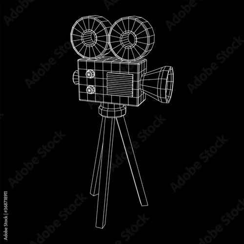 Polygonal camera projector. Movie time. Show film cinema festival concept. Wireframe low poly mesh vector illustration.