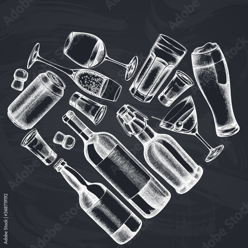 Heart design with chalk glass, champagne, mug of beer, alcohol shot, bottles of beer, bottle of wine, glass of champagne, glass of wine, glass of martini, aluminum can