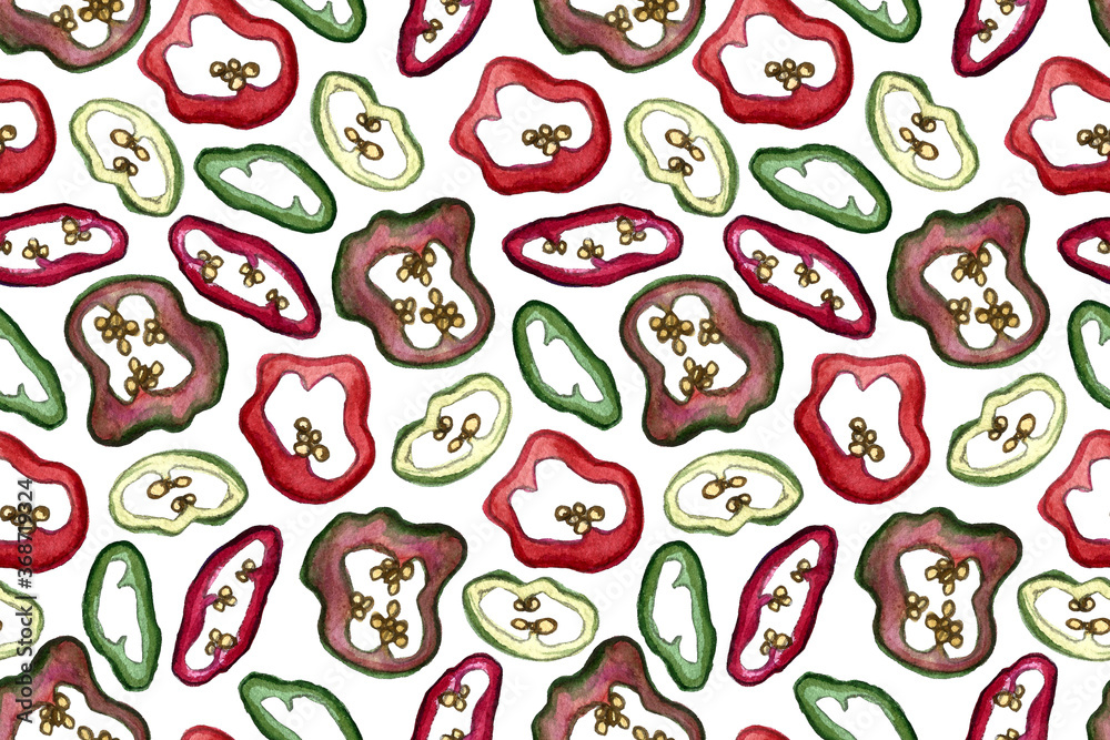 Chili pepper watercolor illustration. Seamless pattern with hand drawn spicy vegetable. Healthy eating ingredient. Vegetarian food