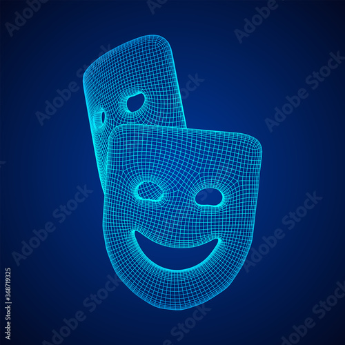 Theatrical masks tragedy and comedy character. Wireframe low poly mesh vector illustration.
