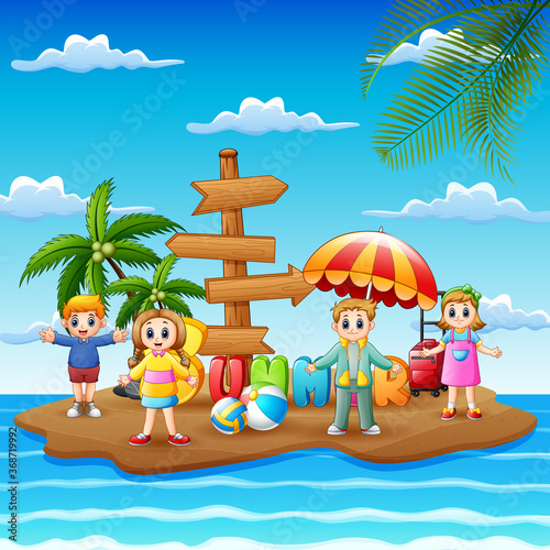 Summer vacation with happy children on island