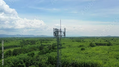 Footage 4k B-roll Aerial drone view of tower antennas Telecommunication cell phone, radio transmitters of cellular 5g 4g mobile and smartphones