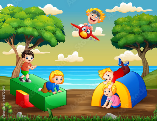 Cartoon children having fun at playground