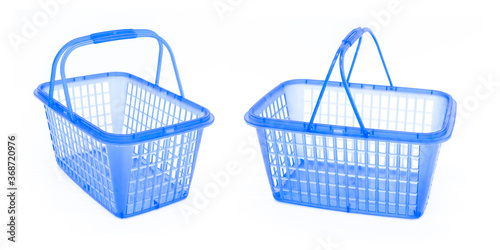 2 shopping blue plastic baskets isolated on white