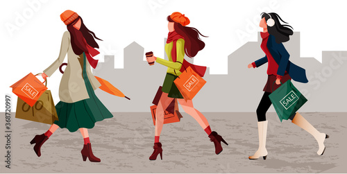 Character set of stylish women walking holding shopping bag in autumn warm outfits. Fashionable young girls enjoying discounts. Great for poster, banner, flyer for Autumn Sale Discount advertisement