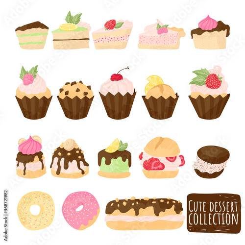 Cake vector chocolate confectionery cupcake and sweet confection dessert with whipped cream, berries and fruits. Vector illustration set flat cartoons design, isolated on white background.