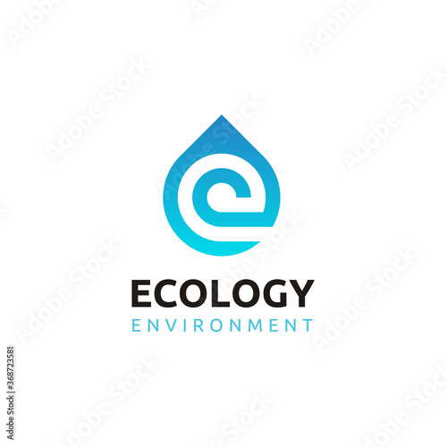 Initial Letter E Eco Ecology Environment with fresh dew water drop or droplet for aqua mineral drink liquid logo design