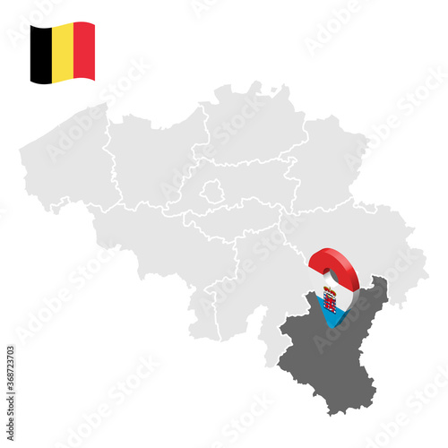Location of Luxembourg on map Belgium. 3d location sign similar to the flag of Luxembourg. Quality map with provinces of Belgium for your design. EPS10.