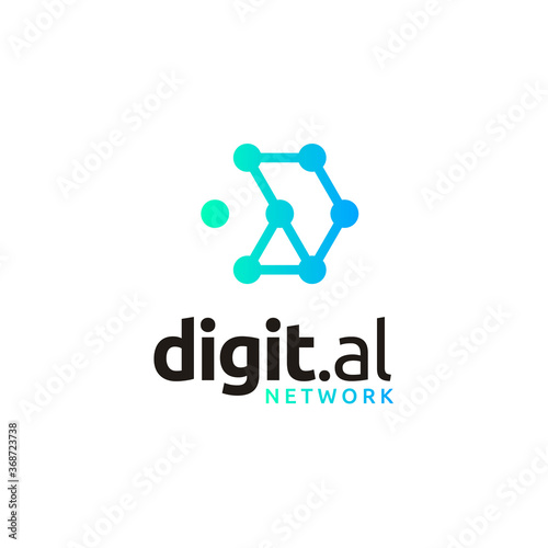 Initial Letter D with digital futuristic wireframe dots link circuit network line logo design